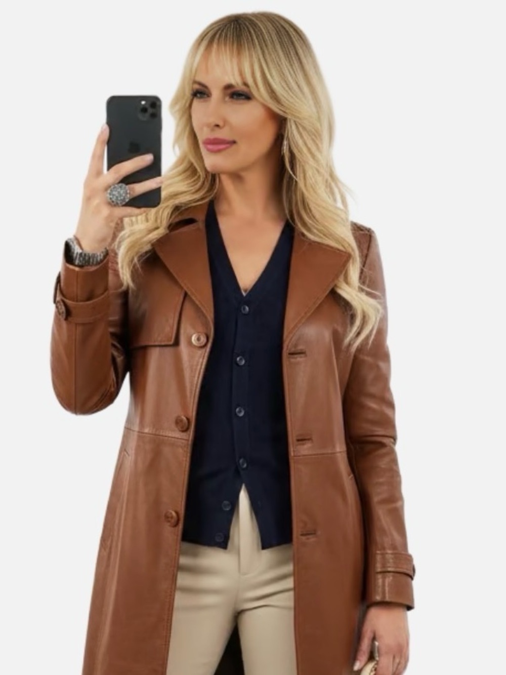 Cognac Leather Belted Moto Jacket Small